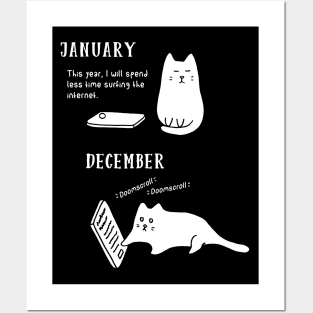 Doomscrolling Cat - New Year’s Resolution (Black) Posters and Art